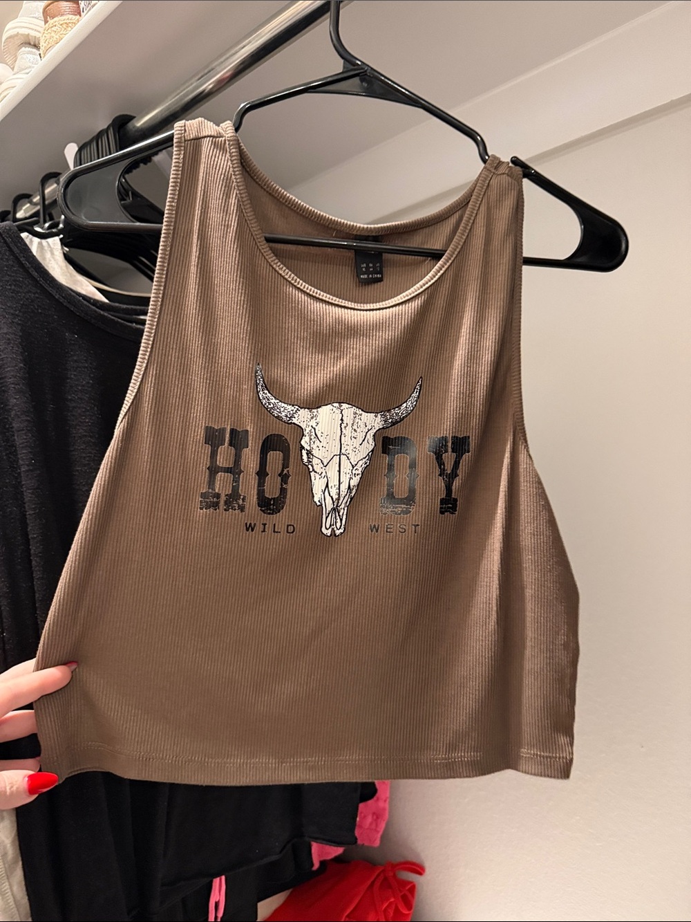 "Howdy" Taupe Ribbed Crop Tank